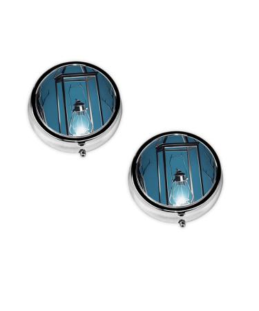 (Fireflies and Lantern) Round Pill Box 3 Compartment Pill Box Mini Decorative Pocket Purse Portable Travel Medicine Tablet Vitamin Holder Organizer Pill Case