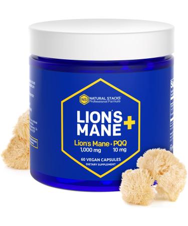 NATURAL STACKS Lions Mane Supplement with PQQ + Brain Cell Optimizer - Organic Lions Mane Extract for Memory  Learning  Mitochondrial Function - 60 Vegan Lions Mane Mushroom Capsules