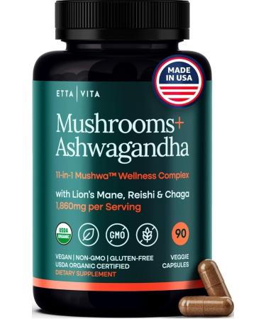USDA Organic Lions Mane Supplement Capsules with Ashwagandha Chaga Reishi Cordyceps Turkey Tail (18 600mg/serv) 10x Adaptogenic Mushroom Complex as Focus Supplement - Energy Immunity & Nootropic
