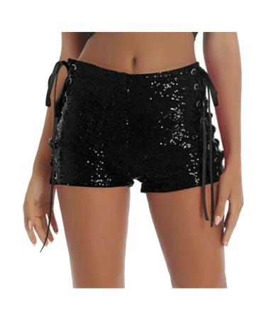 Duohropke women metallic hot pants sequins glitter shorts with high waist sexy short pants shorts for dance sport disco costume carnival carnival m 02 black