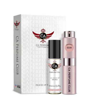 CA Perfume Duo Impression of Delina For Women Eau de Parfum Refillable Atomizer Sprayer + Fragrance Body Oil Long Lasting Sample Travel Size Roll-On Bottle 0.27 Fl Oz+0.33 Fl Oz
