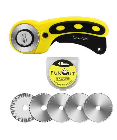 Funcut 45mm Rotary Cutter for Fabric ( 3 rotary + 1 pinking+ 1 dotting Blades Included) Safety lock & Ergonomic Handle ,Ideal for Sewing Leather Quilting & More ,Left & Right Hand(Yellow)