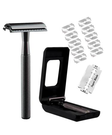 Black Double Edge Safety Razor For Men With 11 Pieces Razor Blades Refills Facial Razor For Women Reusable Long Handle Metal Face Razor (Sliver Black)
