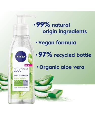 NIVEA Naturally Good Micellar Face Wash Gel (140ml) Natural Micellar Cleansing Water with Aloe Vera Fragrance Purifying Makeup Remover Soothing Face Wash 99% Natural Aloe Vera 140 ml (Pack of 1) - Buy Online on GoSupps.com