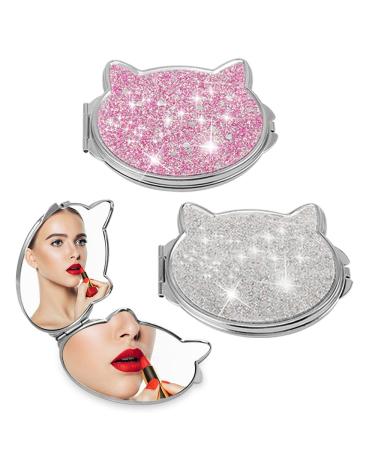 LucyPhy 2 Pcs Pocket Small Compact Mirror  Folding Mini Purses Metal Double Sided Mirror Little Cute Kawaii Cat Makeup 2X 1X Magnifying for Women Girls Kids (Pink+Silver)