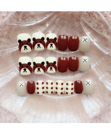 24Pcs/Set Press On Nails Short Cartoon Bear Patch False Nails Acrylic Fake Nails Full Cover Nails Tips Artificial Finger Manicure Press on nails for Women and Girls - Buy Online on GoSupps.com