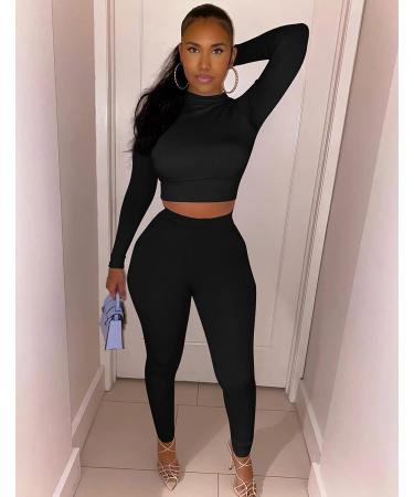 Kaximil Women's Workout Tracksuit Set - Long Sleeve Crop Top & High Waist Legging Pants - X-Large Black - Buy Online on GoSupps.com