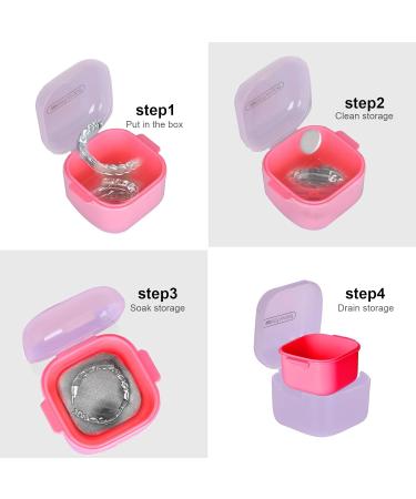 DIDATOOL Denture Cup Denture Bath for Soaking Dentures Denture Case with Lid Easy to Carry and Clean Denture Case with Removable Rinse Basket and Finger Toothbrush (Square Transparent Pink) Square Transparent Pink - Buy Online on GoSupps.com