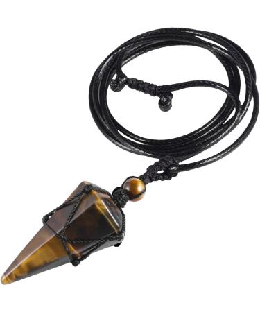 Kyeygwo Six -Seckiger Crystal Pendant Necklace with adjustable leather rope polished quartz pointed stone healing Reiki pendulum chain brown