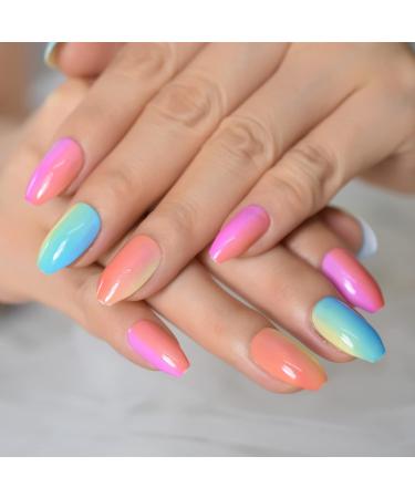 Buy Shiny Colorful Press On Nails | Ombr Rainbow Fake Nails Set - 24pcs Medium Size - Buy Online on GoSupps.com
