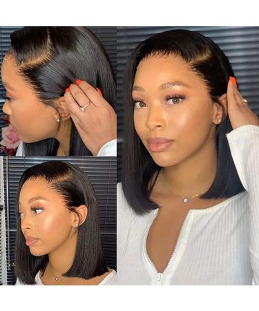 Brazilian Virgin Human Hair Bob Wig 10 13x4 Lace Frontal Pre Plucked with Baby Hair in Natural Black - Buy Online on GoSupps.com