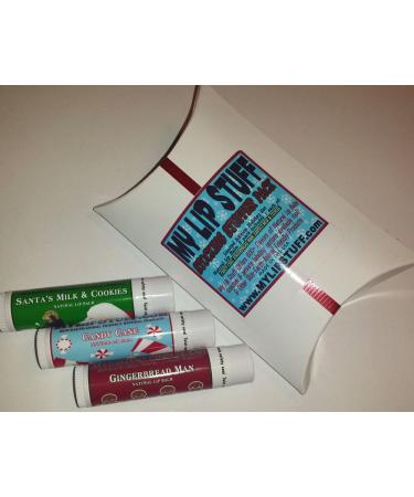 Stocking Stuffer Pack (Candy Cane Gingerbread Man Santa's Milk & Cookies) Holiday Gift Natural Lip Balm Set