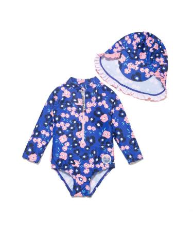 BONVERANO Baby Girls Swimsuit Toddler Bathing Suit Long-Sleeve Zipper One Piece Swimwear with UPF 50+ Sun Protection 18-24 Months Black Flower