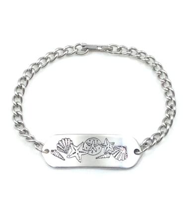 Seashells ID Bracelet IDB-07SH - with Sister Hook Clasp - Stainless Steel - Personalized Engraving - Customized Bracelet Length - Child Youth or Adult