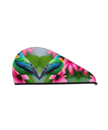 Colorful Flowers and Bird Coral Velvet Dry Hair Cap Caps with Buttons for Drying Curly Long & Thick Hair Anti Frizz