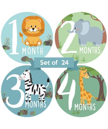 Baby Monthly Stickers | Zoo Animals Baby Milestone Stickers | Jungle Newborn Boy or Girl Stickers | Month Stickers for Baby Boy | Gender Neutral | Unisex Safari Newborn Monthly Milestones (Set of 24)
