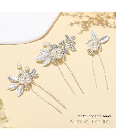 Silver Leaf Bridal Hair Pins - Rhinestone Hair Accessories for Bride - Pack of 3 - Buy Online on GoSupps.com