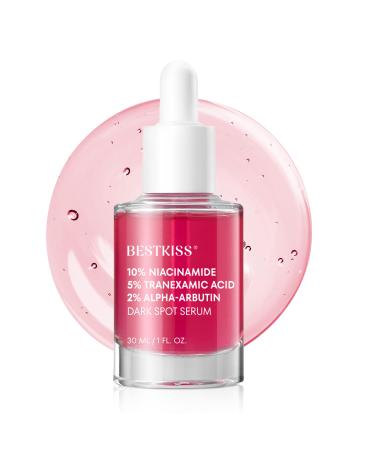 Bestkiss Dark Spot Remover for Face: Dark Spot Corrector Serum - 10% Niacinamide 5% Tranexamic Acid 2% Alpha-Arbutin Ceramides Hyaluronic Acid Centella Asiatica - Fragrance Cruelty Free Vegan 30mL Pink