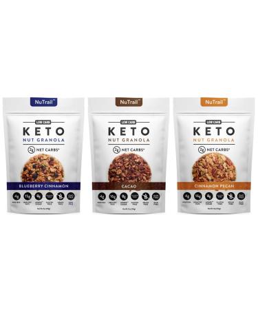 NuTrail - Keto Nut Granola Healthy Breakfast Cereal - Low Carb Snacks & Food - 2g Net Carbs - Almonds, Pecans, Coconut and more (11 oz) (3 Pack Variety Pack) 1 Count (Pack of 1)