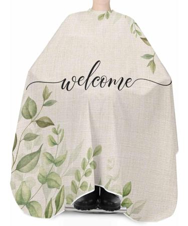 Fall Green Eucalyptus Barber Cape - Adjustable Hair Cutting Cape for Men Women & Kids | Vintage Botanical Design | 55x63 Inch Light Beige & Grass Green - Buy Online on GoSupps.com