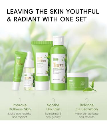 Green Tea Skin Care Set for Women/Teens with Cleanser Toner Serum Eye Cream and Face Cream Deep Cleansing Oil Control Hydrating  - Buy Online on GoSupps.com