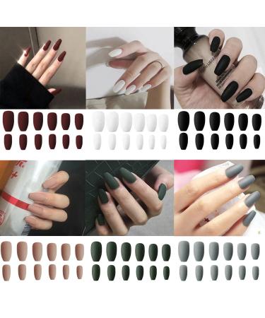 6 Packs (144 Pcs) Matte Coffin Press on Nails Medium Length, Acrylic Short False Nails Full Cover Set Artificial Nails Fake Solid Color with Glue Nail File for Women Medium Coffin Press on Nails