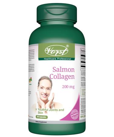 VORST Salmon Collagen 200mg plus Vitamin C 90 Capsules | Type 1 & Type 3 Supplement for Anti Aging Dull Skin Hair Nails Joints & Bones | Includes 40mg of Vitamin C | Powder Pills | 1 Bottle 90 count (Pack of 1)