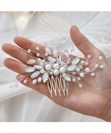 Unicra Bridal Wedding Hair Comb Silver Crystal Bridal Hair Accessories Pearl Headpiece for Women and Girls
