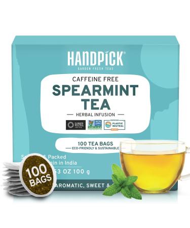 HANDPICK Spearmint Tea Bags (100 Count) Non-GMO 100% Pure Spearmint Leaf Tea Bags Certified by Tea Board of India | Raw from India Round Eco-Conscious Tea Bags Spearmint Tea 100 Count (Pack of 1) - Buy Online on GoSupps.com