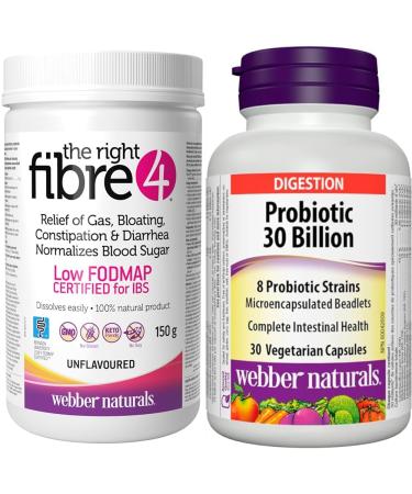 Webber Naturals The Right Fibre4 IBS Intestinal Discomfort 150 g Unflavoured 30 Servings Fibre & Probiotic 30 Billion Active Cells 8 Probiotic Strains 30 Capsules For Digestive