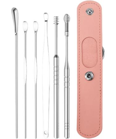 Stainless Steel Ear Wax Removal Kit - 6pcs Earwax Cleaner with Storage Bag | Professional Tool for Ear Cleaning - Great Gift for Family & Friends | Adults and Kids - Pink - Buy Online on GoSupps.com