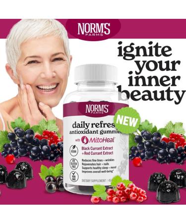 Norm's Farms Elderberry Antioxidant Gummies - Daily Refresh w/MitoHeal 500mg Red & Black Currant Extract - Sleep Mood Skin Hair & Nail Support - USA Made Vegan Non-GMO Gluten-Free - 45 Gummies - Buy Online on GoSupps.com