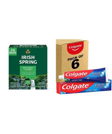 Irish Spring Bar Soap for Men Original Clean - 3 Count (Pack of 8) & Colgate Cavity Protection Toothpaste with Fluoride Great Regular Flavor 6 Ounce (Pack of 6)