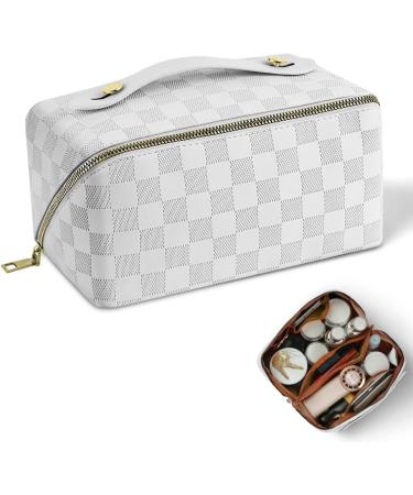 Aucuu Large Capacity Travel Cosmetic Bag for Women Girls PU Leather Waterproof Layered Storage Makeup Bag with Handle Portable Travel Organizer (Checkered White) #14 White-14 - Buy Online on GoSupps.com