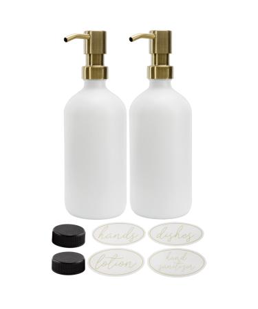 Darware 16oz Glass Pump Bottles (Set of 2, White w/ Gold) Soap Dispenser Pump Bottles with Brushed Metal Pump Tops