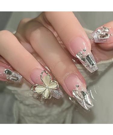 Long Press on Nails Long False Nail French Tip Fake Nails with 3D Butterfly Rhinestones Designs Glossy Full Cover Acrylic Nails for Women False Nails & Accessories - Buy Online on GoSupps.com