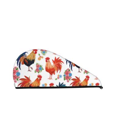 Roosters and Flowers Microfiber Hair Towel Soft Super Absorbent Hair Towel Wrap for Women Coral Velvet Quick Dry Hair Cap for Long Curly and Thick Hair