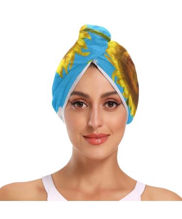 Hello Summer Sunflower Hair Towel 2 Pack Super Absorbent Hair Drying Towel Quick Dry Hair Turbans Head Towel with Button Twisty Wrap for Women Girls