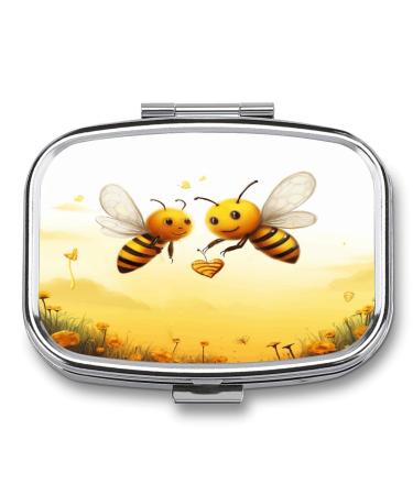 Pill Box Bee Love Honey Print 2 Compartment Medicine Pill Case Pill Organizer Decorative Metal Portable Pill Box for Pocket Or Purse Style