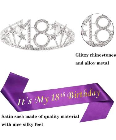 Happy 18th Birthday Tiara and Sash Set - Crystal Rhinestone Princess Crown and Purple Party Favor Supplies for Birthday Girl - Silver Crown - One Size - Buy Online on GoSupps.com