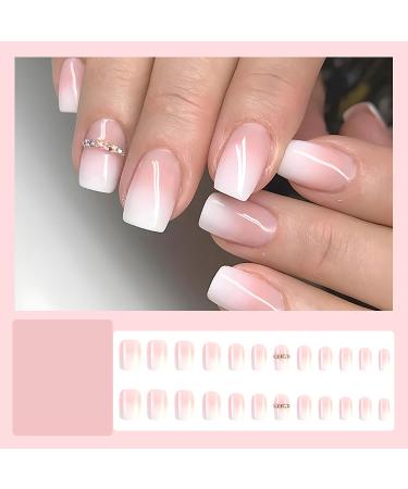 24 Pcs Medium Square Pink Press On Nails - Gradient Fake Nails with Rhinestones | Full Cover Stick-On Nails for Women & Girls | Stylish Fall French Nails - Buy Online on GoSupps.com
