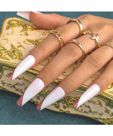 Sethexy Long Coffin French Ballerina False Nails - 24 Glossy Acrylic Press-On Nail Tips for Women & Girls - Buy Online on GoSupps.com