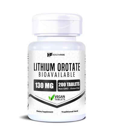 HealthFare Lithium Orotate Supplement 130mg | 200 Vegetarian Tablets | High Bioavailability Trace Mineral | Mood Brain & Memory Support | Non-GMO Gluten-Free | Made in USA