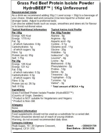 Grass Fed Beef Protein Isolate 95% - HydroBEEF - 1kg | Rich in Type I II III Collagen - Buy Online on GoSupps.com