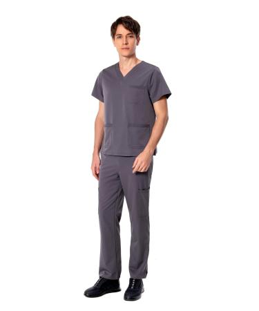 Athletic Scrub Set for Men 4-Way Stretch V-Neck Scrub Top with 3 Pockets & Cargo Scrub Pant with 5 Pockets Grey Medium