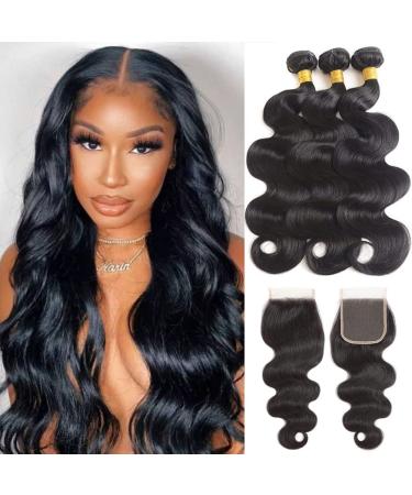 Brazilian Body Wave 3 Bundles with Closure (14 16 18 +12 Closure)100% Unprocessed Body Wave Human Hair Weave with 4x4 Free Part Lace Closure Natural Color (Bundles with Closure) 14 16 18+ 12 Inch