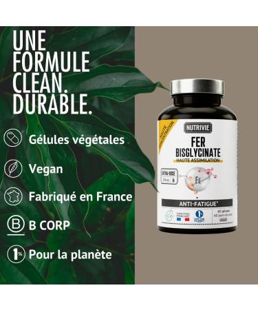 Fer Bisglycinate 14 mg - Anti-Fatigue - Immunit - Haute Tol rance Digestive - 100% des AR - 60 G lules - Cure 2mois - Fabriqu en France - Nutrivie - Buy Online on GoSupps.com