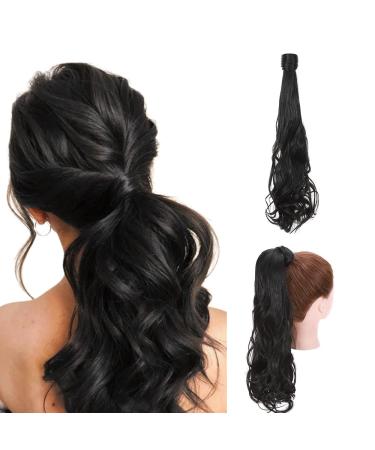 Ponytail Extension Wrap Around Long Straight Curly Clip in Ponytail Hair Extensions for Women Brown Black Blonde Hairpiece 24"-Curly Dark Black
