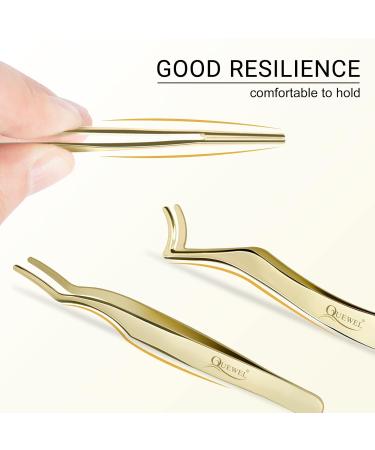 QUEWEL Eyelash Applicator Tool - 2 Stainless Steel Cluster Tweezers for Individual Eyelashes | DIY Curved Eyelash Tweezers | Golden Eyelash Applicator for Perfect Lash Application - Buy Online on GoSupps.com