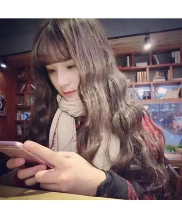 Korean fashion wig female long curly hair corn hot water ripple air thin bangs wig setLinen Light Brown